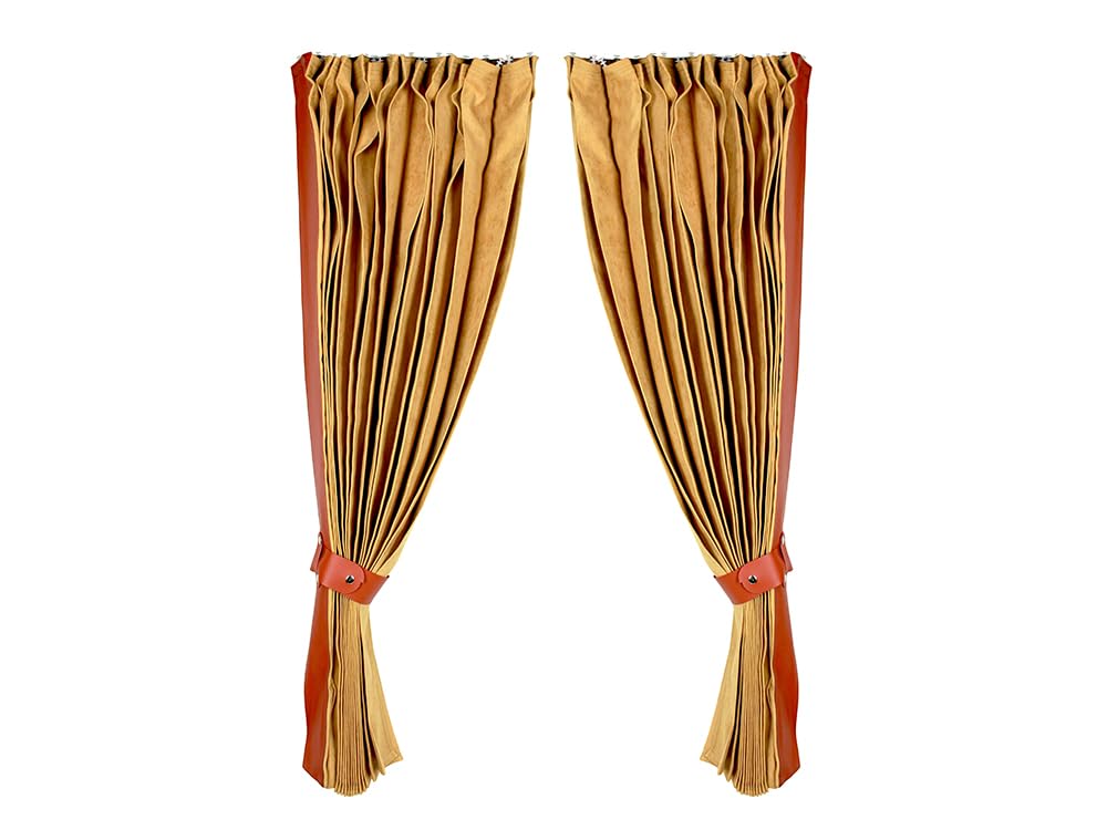 Rideaux brise-bise pour camion - Ajustement universel - Beige - Avec bord en cuir marron + crochets