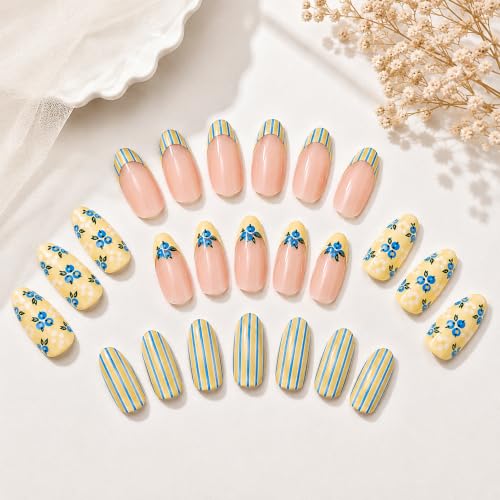 Image of Secret Lives Glossy Press-On Nails, Pink Almond Fake Nails with Blue Flower & Striped Yellow French Tip Design Artificial Nail Art, 24-Piece Set with Kit