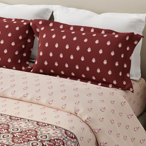 Image of Layers 100% Cotton for King Size Bed | 120 TC Ethnic Print, Soft, Breathable, Machine Washable Bedsheet with 2 Pillow Covers | Forever Collection (274 x 274 cm) - Red & White