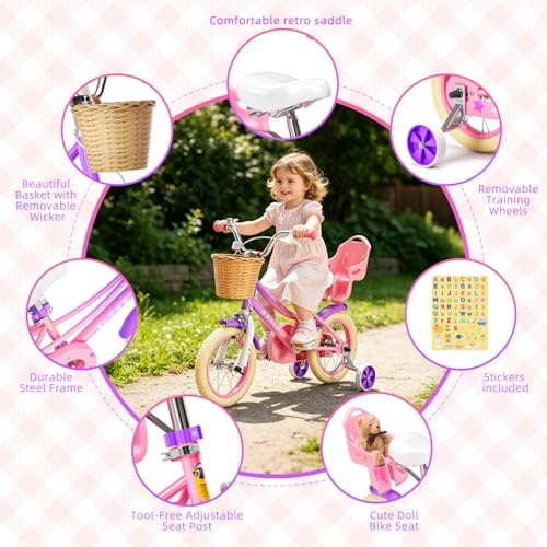Image of Glaf Girls Bike Bicycle for 2-12 Years Old 12 14 16 20 inch Kids Toddler Bike with Training Wheels and Basket,Doll Seat, Kids Bike Bicycle for Gift