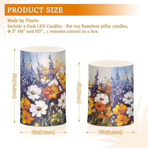 Image of Yellow White Purple Wildflowers Oil Pattern Flickering Flameless Candles LED Battery Operated with Remote Timer Pillar Candles for Home Birthday Wedding Christmas Decor, Set of 2