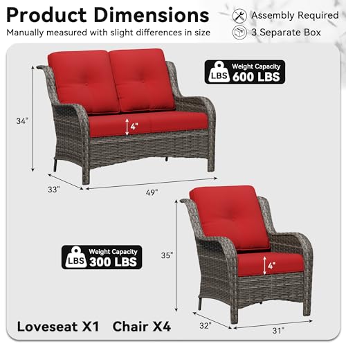 Image of 5 Piece Outdoor Wicker Patio Furniture Set, Patio Chairs Set with Thickened Olefin Cushions, High Back and Deep Seating, Hand-Woven PE Rattan for Porch, Deck