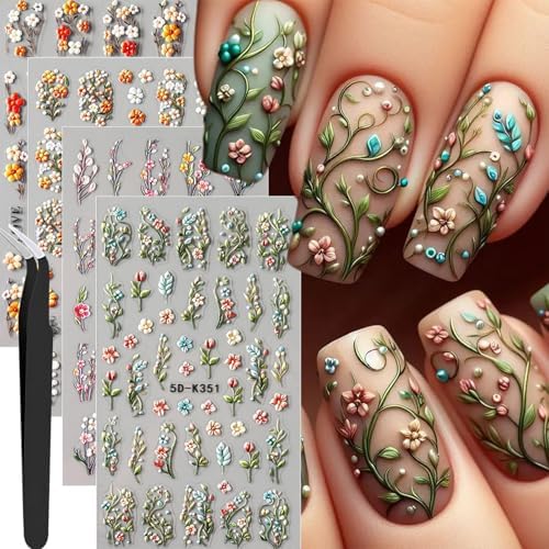 4 Sheets Elegant Spring Flower Nail Stickers for Nail Art Green V...