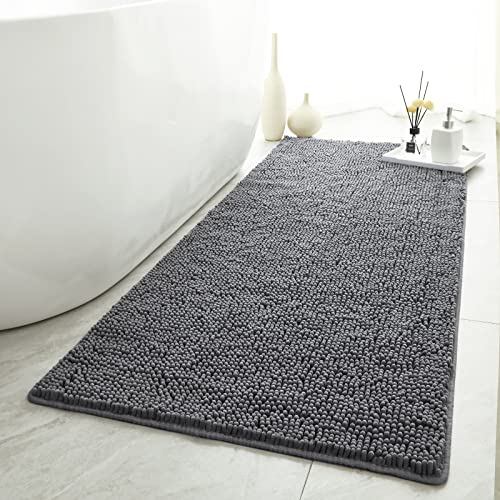 Ultra Absorbent Bathroom Rugs Large, Keeko Non Slip Chenille Bath Rug, Shaggy Bath Mats for Tub, Bathroom Rug Runner, Machine Washable Quick Dry Bath Carpet, 24x48 Inch Grey