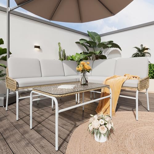YuQozii Juego de muebles de polirratán, conjunto de muebles de jardín, sofá lounge para 4-5 personas, salón de jardín con sofá esquinero, mesa de cristal templado y cojines, color gris albaricoque y
