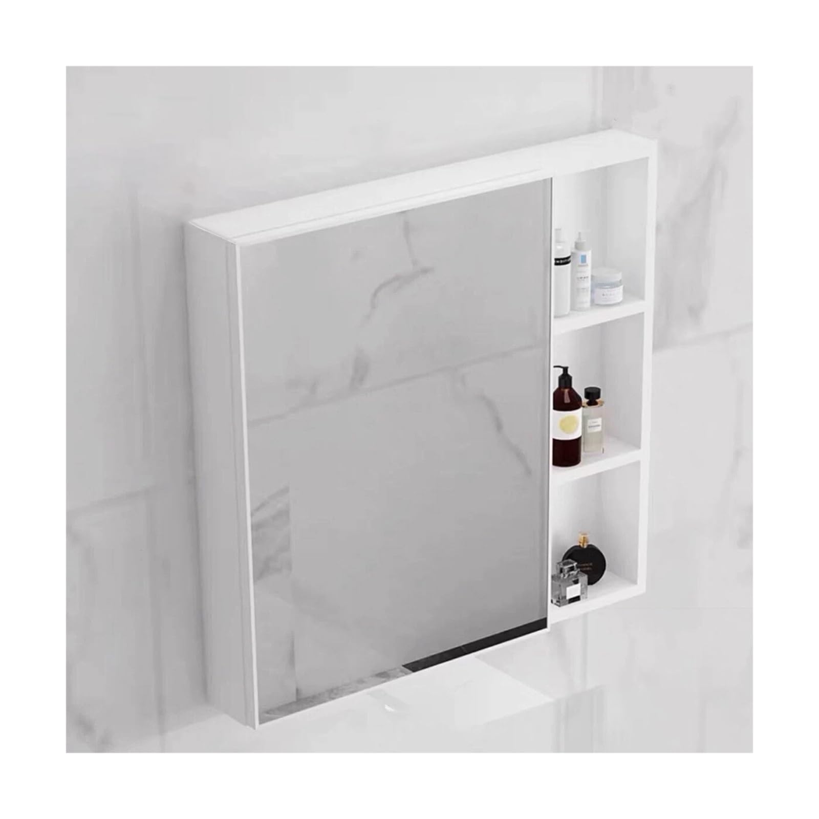 Armadietto a specchio da bagno con mensola portaoggetti in alluminio, facile installazione, scomparto aperto, elegante design bianco, 70 x 65 x 11 cm, perfetto per organizzare gli oggetti essenziali.