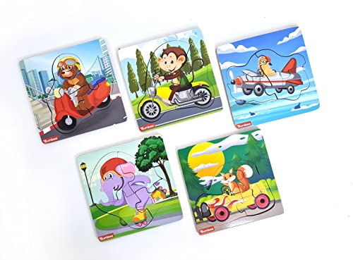 Image of Bumbee Wooden Jigsaw Puzzle Board for Kids (Set of 5) | Animal Puzzles for Toddlers 2+ Years | Montessori Learning Toy Animal Riding Vehicle | Educational Preschool Puzzle Gift for Kids, Boys & Girls