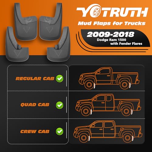 Image of Mud Flaps for Trucks | Fits 2009-2018 Dodge Ram 1500 with Fender Flares, Front & Rear Splash Mud Guards, 4PC-Black