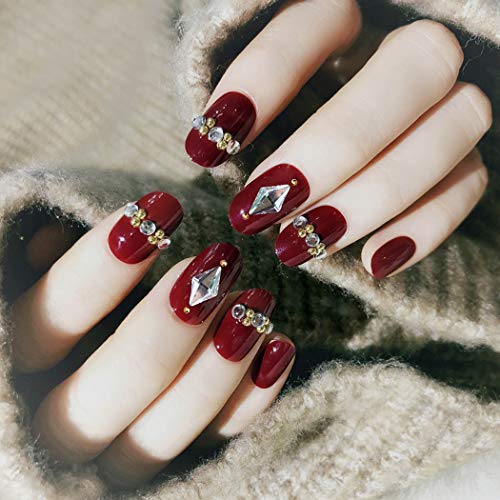 24pcs Coffin Nail Tips Sunjasmine Fake Nails Artificial Full Cover Flase Nails Crystal Nail Patch 12 Sizes, Red