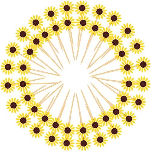 48 Pieces Sunflower Cupcake Toppers Party Sunflower Cupcake Picks Party Sunflower Decoration for Baby Shower Decor, Kids Birthday Decorations