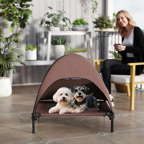 PawHut Hundeliege Outdoor mit Dach, Erhöhtes Hundebett für Mittelgroße Hunde, Kühlendes Haustierliege mit Waschbares Mesh Stahlrahmen Tragtasche, Haustierbett für Draußen Camping 76x61x71cm, Kaffee