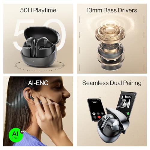 Image of Number Navo Buds X3 w / 50H Playtime, Dual Pairing, 13mm Speakers, ENC, 45ms Low Latency Bluetooth (Cyber Grey)