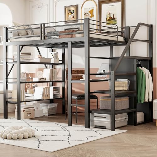 PUGSDRLY Lit Mezzanine 2 Place avec Escalier installé Gauche ou Droite,Lit Mezzanine Enfant 140x200cm avec Bureau,Armoire et étagère de Rangement à 3 Couches,pour...