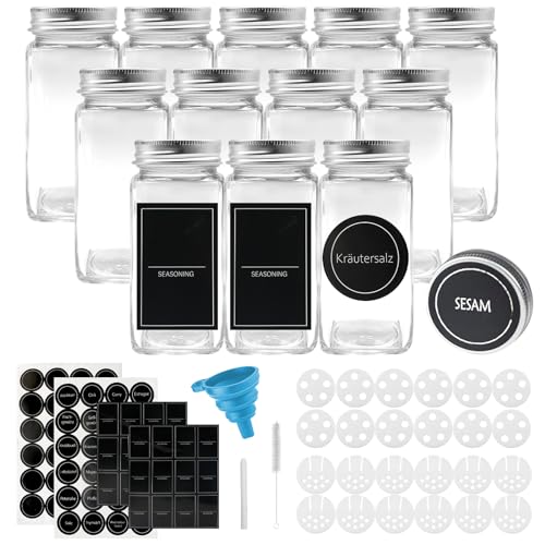 Botes Especias Cristal, 12 Latas de Especias de Vidrio con Tapa de Aluminio, incluir Embudo, Tamiz, Cepillo Limpieza, Etiquetas y Bolígrafo
