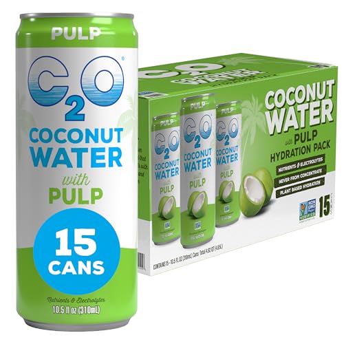 C2O - Coconut Water, The Original Flavor with Pulp (15 Pack) - Made with Fresh Coconut Water - Plant Based - Non GMO - Canned Water - Natural Hydration, Electrolytes, & Potassium - 15 Cans, 10.5 FL OZ