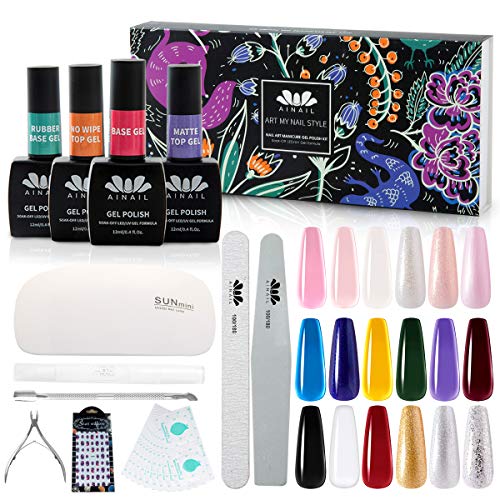 AINAIL 18 Colors Gel Nail Polish Starter Kit with Base Top Coat Matte Top UV Lamp Nail Gel Polish Set