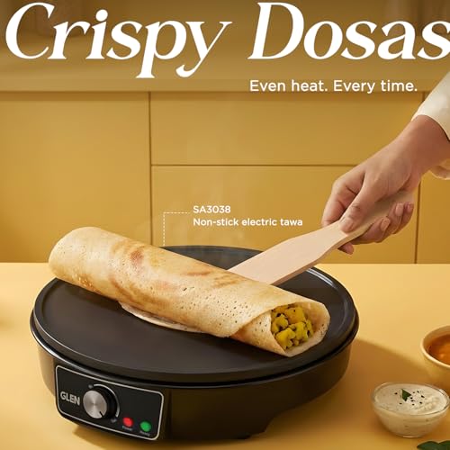 Image of Glen Electric Tawa 1000W | 30cm Non-Stick Griddle | Adjustable Temperature Control | Ideal for Roti, Dosa, Pancake, Chilla, Uttapam, Omelette & more | Power Indicator | Black | 2 Year Warranty