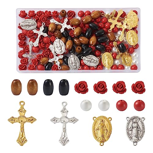 PandaHall Juego de rosario de 180 cuentas de rosa de cinnabar, cuentas de madera natural, crucifijo, colgantes de cruz de estilo tibetano para pulseras, collares, joyas
