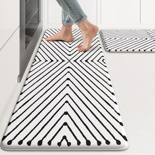 KIMODE Kitchen Mats Cushioned Anti Fatigue, Geometric Kitchen Rugs Sets of 2, Non Slip Waterproof Kitchen Floor Mats, Comfort Standing Mats for Laundry Office Sink Desk 17"x47"+17"x29" Black Diamond