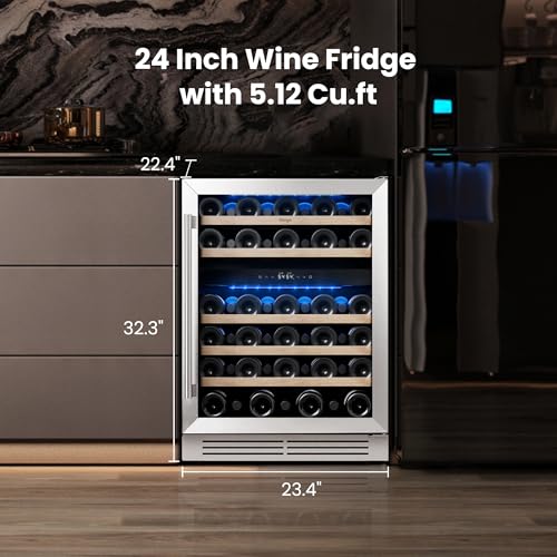 Image of Yeego Wine Fridge Cooler - 24 Inch Dual Zone Wine Fridge Hold 52 Bottles, 40-65F Wine Refrigerator Glass Door, Built in, Freestanding Under Counter Fridge for Beer Soda Drink Home Bar Office