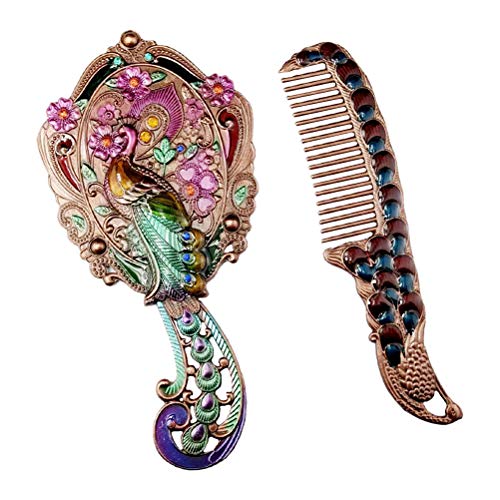 Heallily 1 Set Antique Mirror Comb Set Vintage Metal Peacock Handheld Makeup Mirror Travel Dressing Table Princess Mirror Cosmetic Mirror Vanity Mirror Set With Comb For Women Salon #TOP26