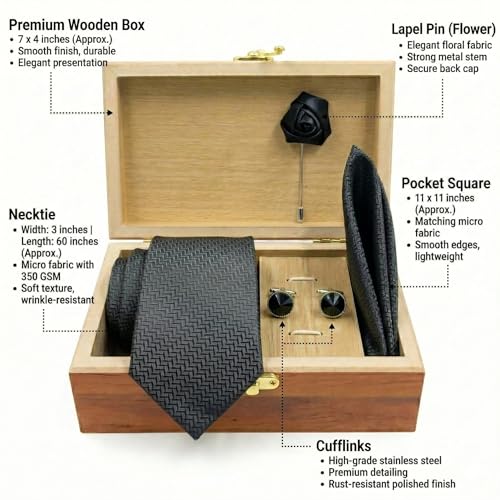 Image of Men's Necktie Gift Set with Wooden Box | Premium Tie, Pocket Square, Cufflinks & Lapel Pin | Elegant Formal Accessories Gift for Men