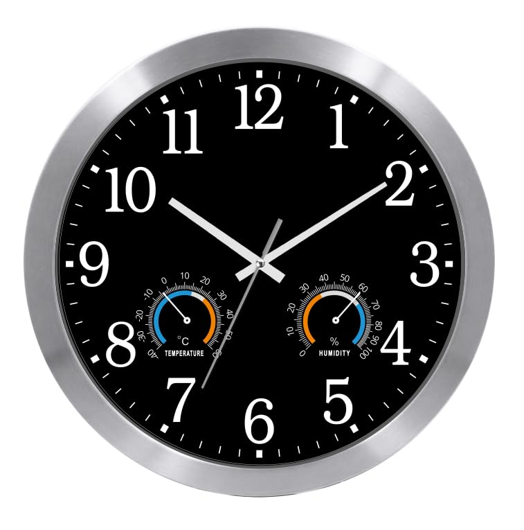 KIZLOC 40cm Outdoor Garden Clocks Waterproof with Thermometer and Hygrometer, Silent Non-Ticking Battery Operated Quartz Metal Wall Clock for Outside, Home (Black)
