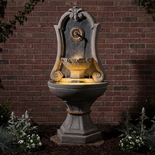 Image of Bumilgar 49.8 inch Outdoor European Resin Wall Fountain with LED Lights, Sunflower Spout & Gold Trim Fountain Freestanding, Cascading Light Gray Scroll Arch Waterfall Feature for Patio