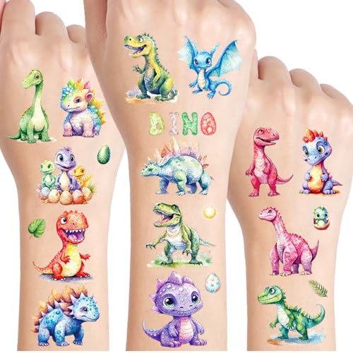 Dinosaurier Glitzer Tattoo Set Kinder 12 Blätter Dino Fake Tattoos für Kinder Geschenke für Junge Mädchen Geburtstag Party Geschenk Kleine Hautfreundliche Temporäre