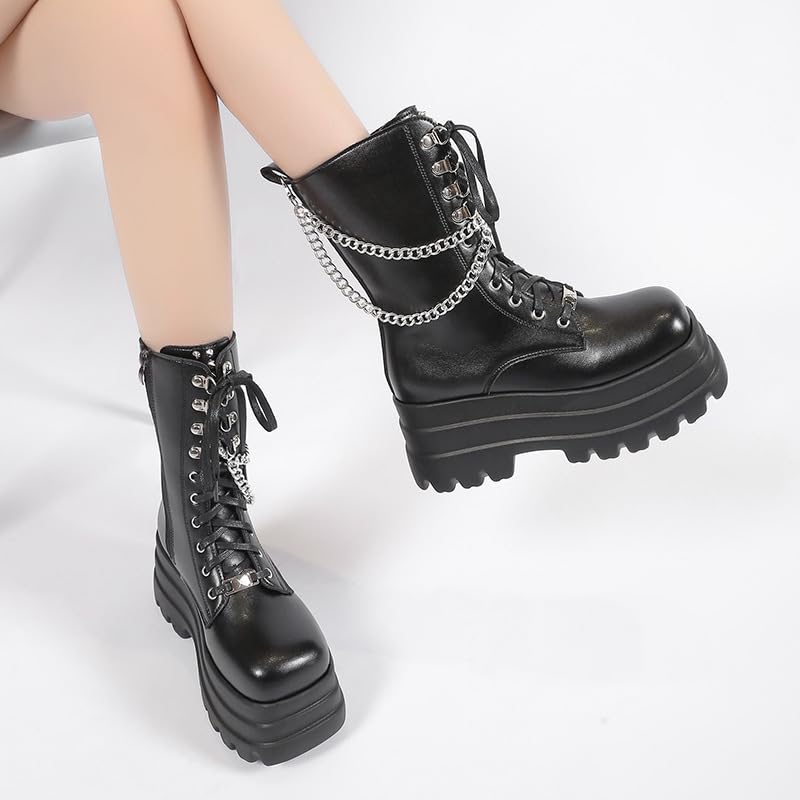 Women Black Platform Goth Boots with Lace Up and Side Zipper Punk Side Zipper Chunky Block Ankle Gothic Combat Boots3