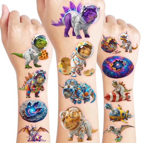 Image of 96PCS Kids Temporary Tattoos - Realistic 3D Cosmic Space Dinosaur | | Astronaut Pre-Cut Fake Tattoos for Boys Girls | Birthday Party Favors, Galaxy Theme Decorations & School Gifts