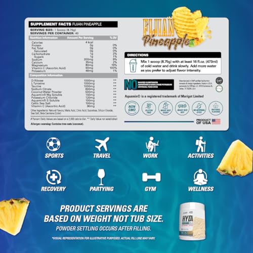 Image of EHP Labs Hydreau Electrolytes Powder No Sugar - Hydration Powder for Endurance & Energy - Electrolyte Powder for Men & Women - Sugar Free Electrolytes - Fijian Pineapple (40 Serves)