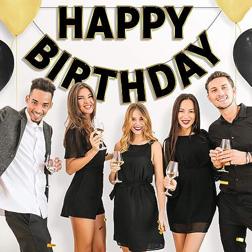 Image of Pre-Strung Happy Birthday Banner - Black Gold Party Decorations