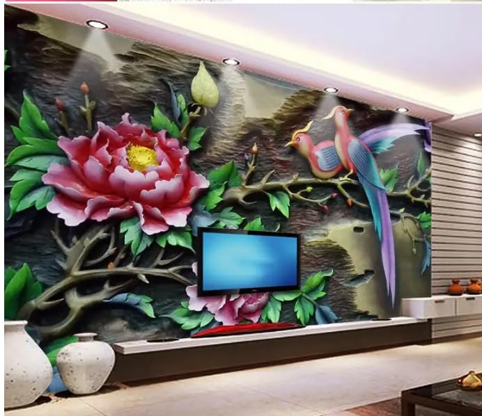 Fond d'écran 3D Pivoine Oiseau 150x105cm pour habillage mural