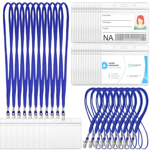 Image of Marspark 50 Sets 4 inchx3 inch Name Badge Holder with Lanyard Bulk, Blue | Waterproof Reusable Plastic with Clip, ID Badges Business School Conference Use, Lanyard Strap for Employees Students Events