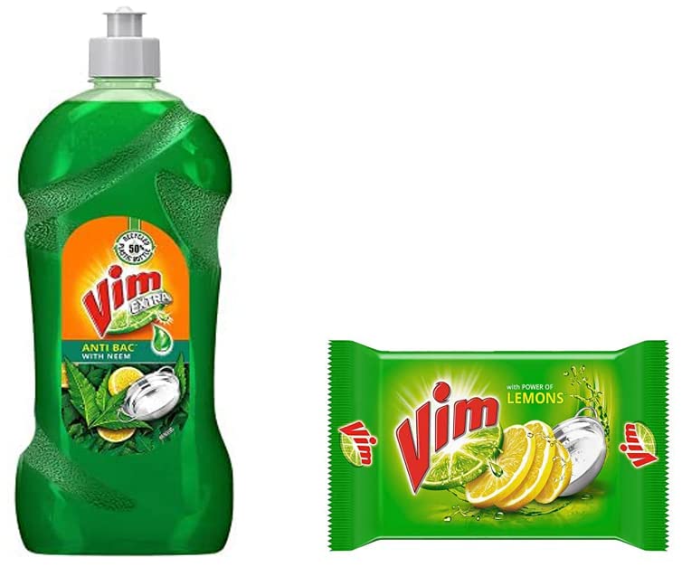 Vim Dishwash Anti Bac Liquid, Neem, 750 ml & Dishwash Bar Lemon, Removes Stain And Grease With Power Of Lemon, 300 g