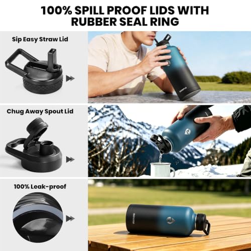 Image of RAYMYLO Insulated Water Bottle 87 oz, Triple Wall Vacuum Stainless Steel (Cold for 48 Hrs), Leak Proof & Non-BPA, Modern Water Flask Jug with Paracord Handle & Straw Spout Lids, Indigo /Black