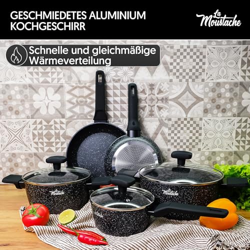La Moustache - 8-Teiliges Kochgeschirr Antihaftbeschichtetes Aluminium, 3 Töpfe mit 3 Gehärteten Glasdeckeln und 2 Bratp