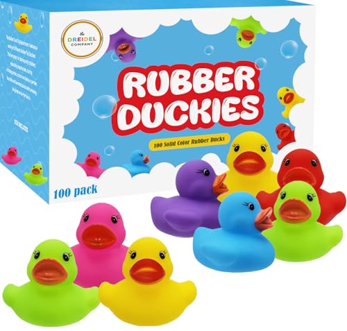 The Dreidel Company Classic Rubber Duck Toy Duckies for Kids, Six Solid Colors, Bath Birthday Gifts Baby Showers Classroom Summer Beach and Pool Activity, 2" (100-Pack)