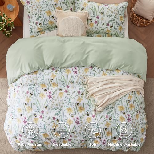 Image of Bedsure Duvet Cover King Size - Reversible Floral Patterned Duvet Cover Set with Zipper Closure, 3 Pieces Green Bedding Set with 8 Corner Ties and 2 Pillow Shams 20 inchx36 inch