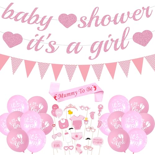 Baby Shower Decorations Girl Pink - 42 Pcs Girls Set with Mummy To Be Sash Its A GirlBanner Photo Booth Props and Latex Balloons for Baby Shower Gender Reveal Birthday Party Supplies
