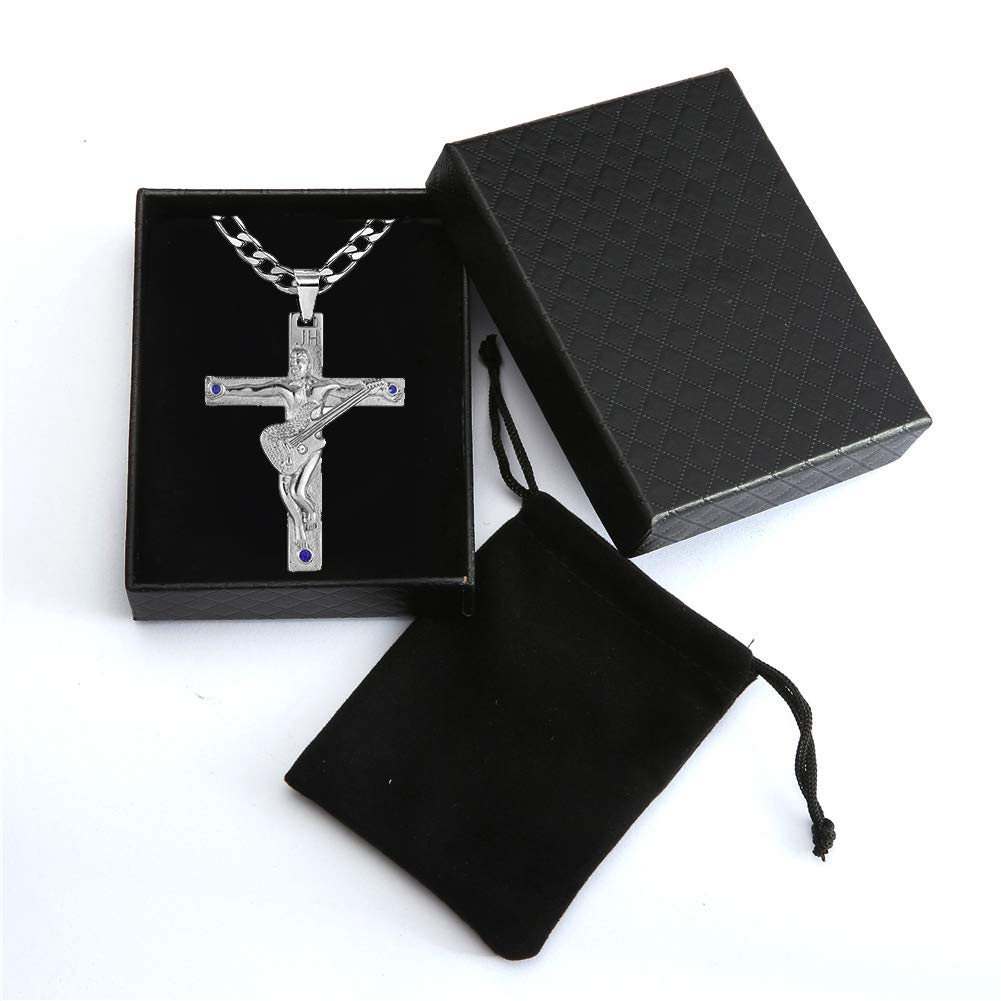 Croix Johnny Hallyday Pendentif Collier Chaîne Johnny Guitare Rocker Signature Métal Argenté Femme Homme Cadeau