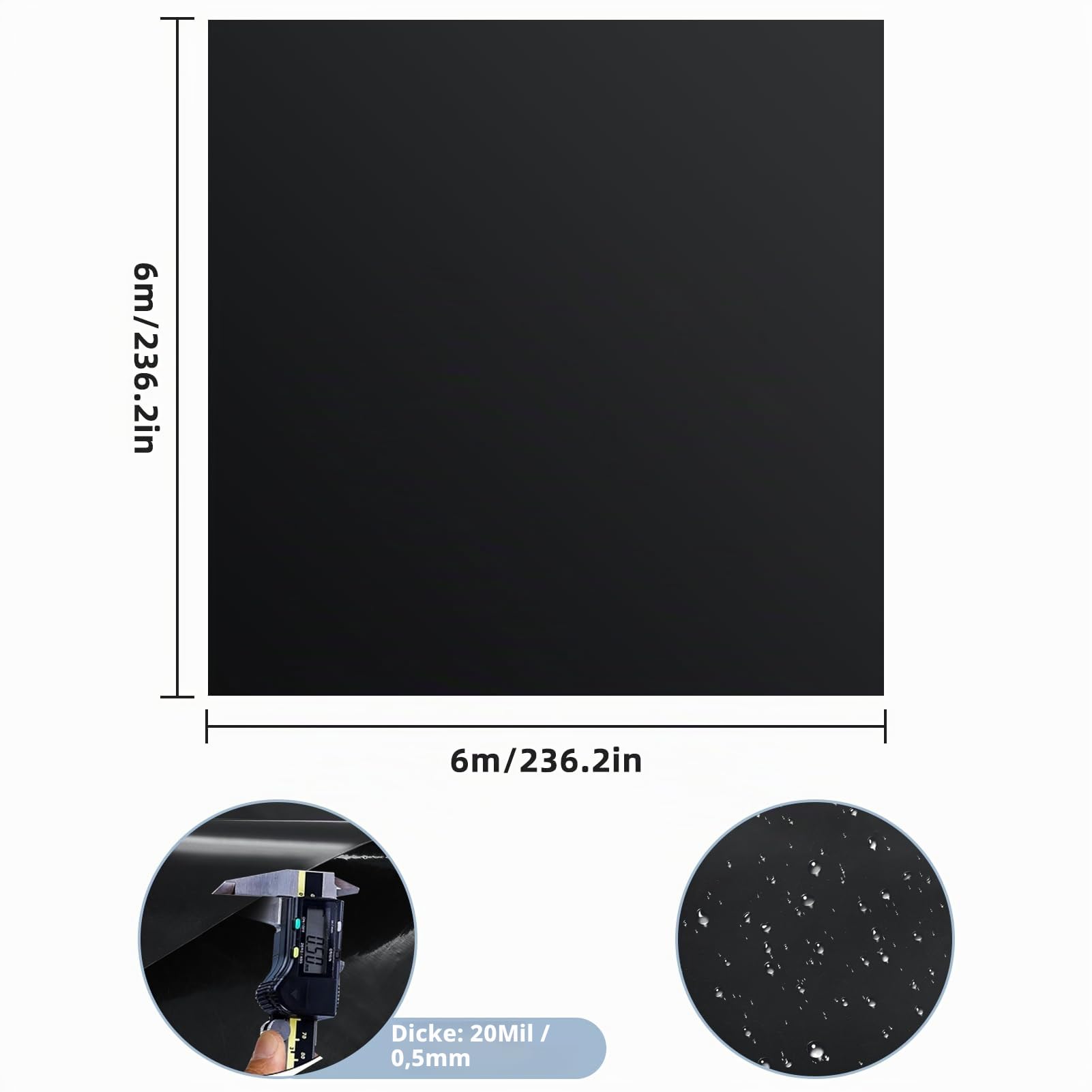 6x6m Teichfolie,Teichwanne Stärke 0.5mm-HDPE Schwarz Teichplane Dichtungsfolie Teichmembran Schwimmteich Folie,für Fischteiche, Brunnen, Wassergarten und Wasserfall,Gartenteich
