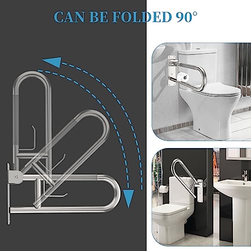 Image of Toilet Grab Bar 24 Inch, Munzong Anti-Slip Handicap Grab Bars with Paper Holder, Flip-Up Bathroom Toilet Safety Rails, Stainless Steel Knurled Support handrails for Seniors Elderly Disabled Pregnant