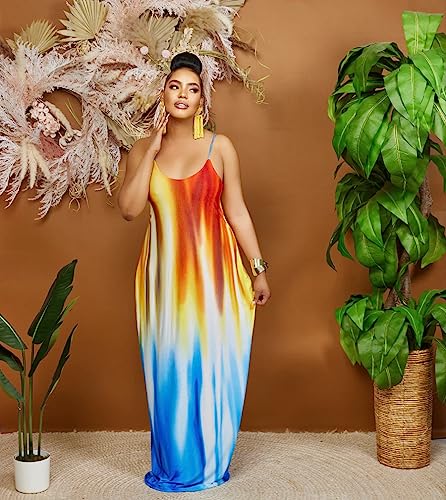 Image of BFFBABY Womens Summer Suspender Maxi Dress Plus Size Striped Printed Sleeveless with Pockets and Belt