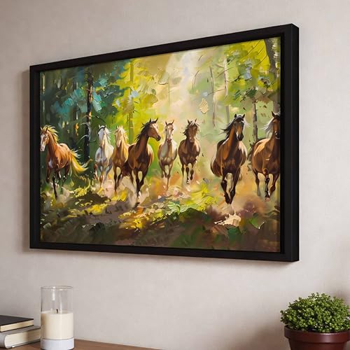 Image of 8 Running Horses Vastu Framed Wall Art Painting For Living Room| Symbol of Growth Eight Horse Wall Painting With Frame for Home & Office, 17x23 Inch