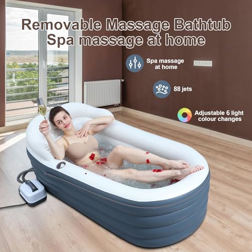 Inflatable Bathtub Bubble Massage Mat, Portable Adult Spa Bathtub, All-in-one Wavemaker and Air Pump, Adjustable Bubble Settings - Includes Remote Control, Inflatable Backrest and Atmosphere Lighting