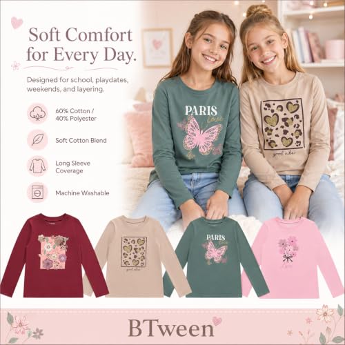 Image of BTween Girls 4 Pack Long Sleeve Graphic T-Shirts Cotton Blend, Fun Vibrant Designs
