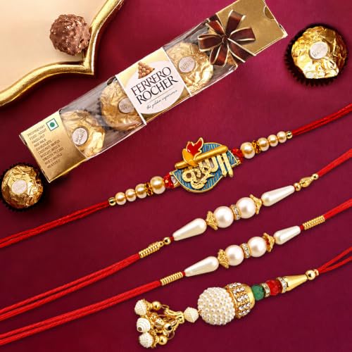 Image of CraftVatika Rakhi Set of 4 for Brother and Bhabhi Kids with Chocolate Gift Hamper with Ferrero Rocher Chocolate, Krishna Lumba Pearl for Bhai Kids Bhaiya,