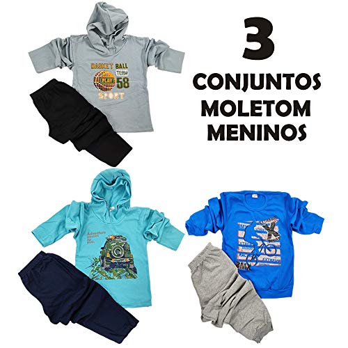 KIT com 3 Conjuntos Moletom Sem Capuz Juvenil Meninos de 10 a 16 anos Tamanho:16